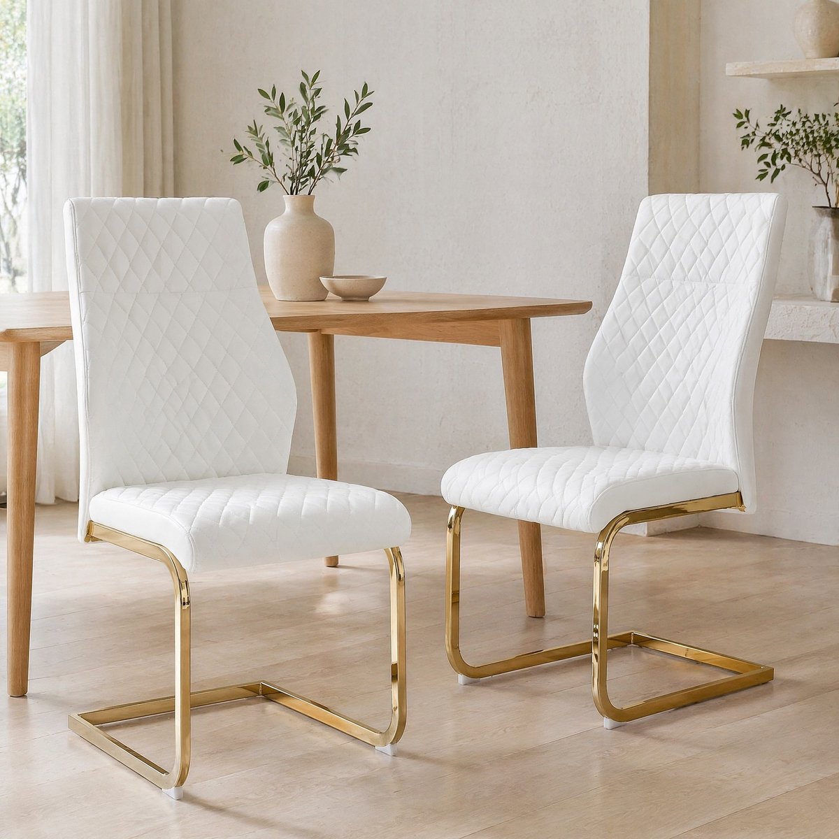 COVREO Eetkamerstoel set van 2 43 x 63 x 100 cm - wit kunstleer, gouden metalen frame