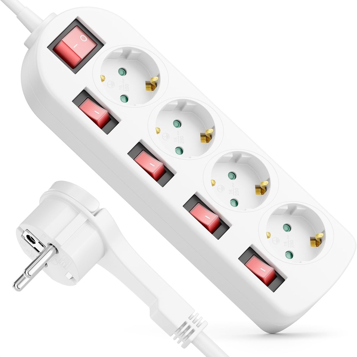 SnelShoppen - 4-Weg Power Strip met Platte Stekker - Individueel Schakelbaar - 1.4 m Kabel - Veilig 3680W Vermogen - Compacte Verlengsnoer voor Thuis,