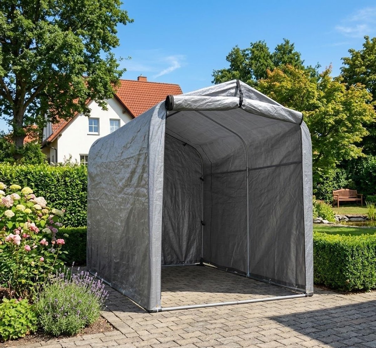 SnelShoppen - Fietstent voor 3 Fietsen, E-bike & Motor - Winterbestendige Waterdichte Fietsgarage 220x157x195 cm - Gegalvaniseerd Stalen Frame voor Tu