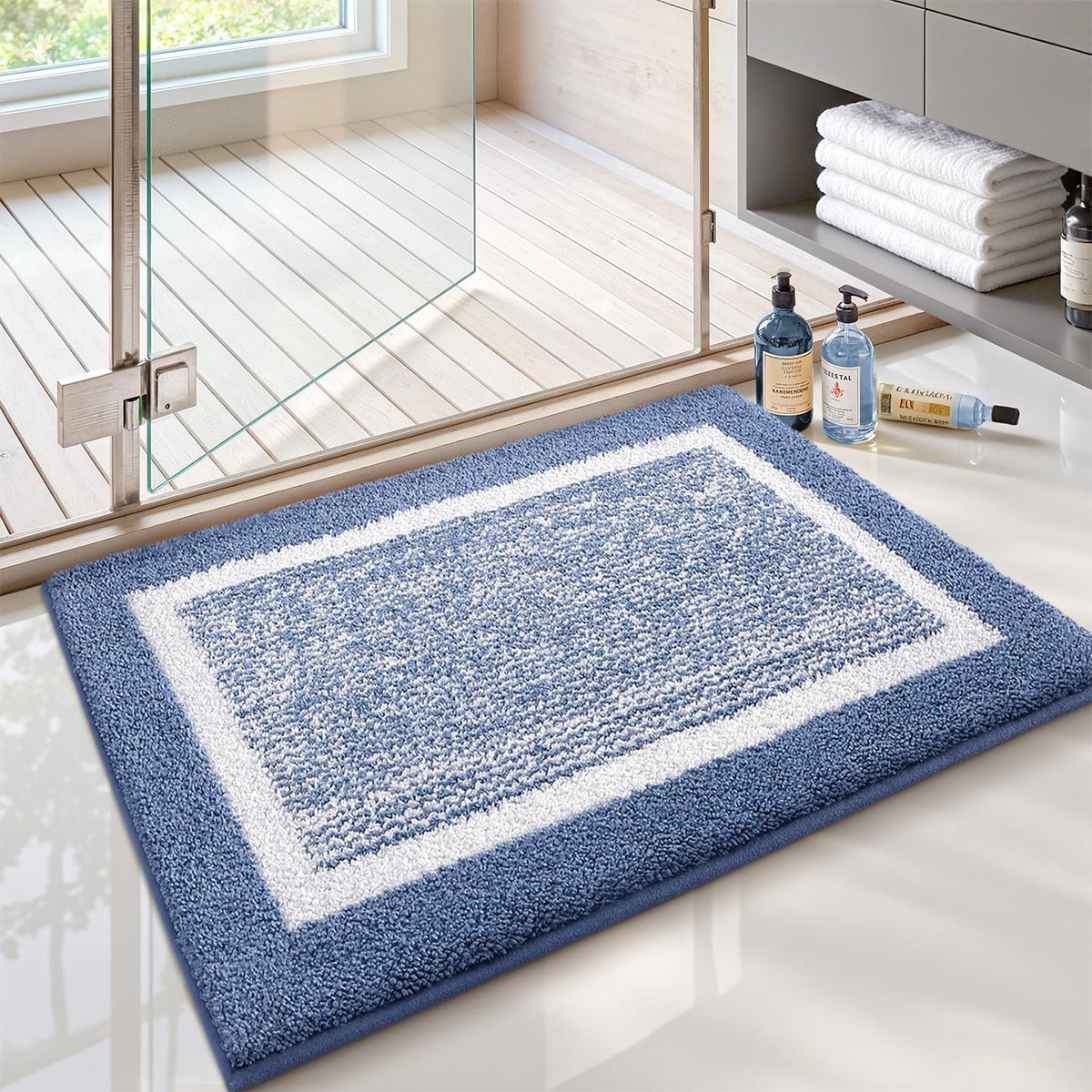 SnelShoppen - Absorbente Grote Badmat 60x90cm, Antislip, Machinewasbare Badmat voor Bad & Douche (Lichtblauw Wit)