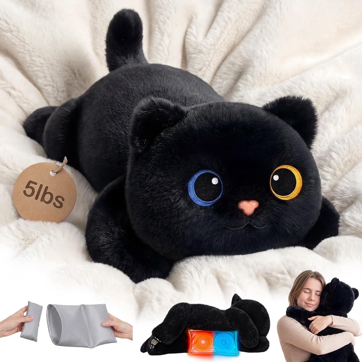 SnelShoppen - Gewogen Knuffeldier met Magnetron Veilige Verwarmingspad - 2.3 kg of 1 kg Verstelbare, Verwarmde en Koelbare Zwarte Kat Pluche voor Onts