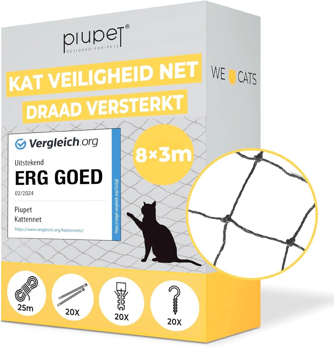 SnelShoppen - Cat Net Veiligheidsnet voor Katten 8 x 3 m - Balkon, Raam, Dierveiligheid, Versterkt met Draad, Zwart, Inclusief Montageset