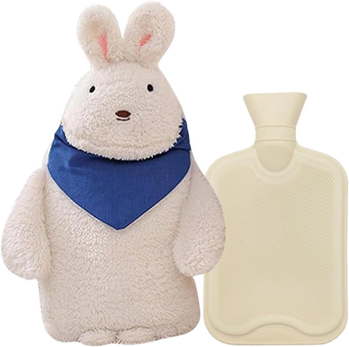 SnelShoppen - Hot Water Bottle met Pluche Deksel, Schattige Witte Konijn, Natuurrubber, Warmwaterkruik voor Kinderen en Volwassenen, Pijnverlichting,