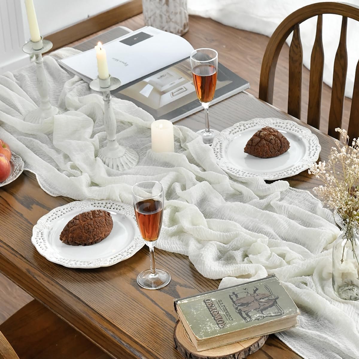 SnelShoppen - Boho Style Tafellopers Set van 6 80 x 300 cm - Zachte Mesh Tafelrunner voor Bruiloft, Keuken, Eetkamer en Feestdagen - Melkwit Tafeldeco