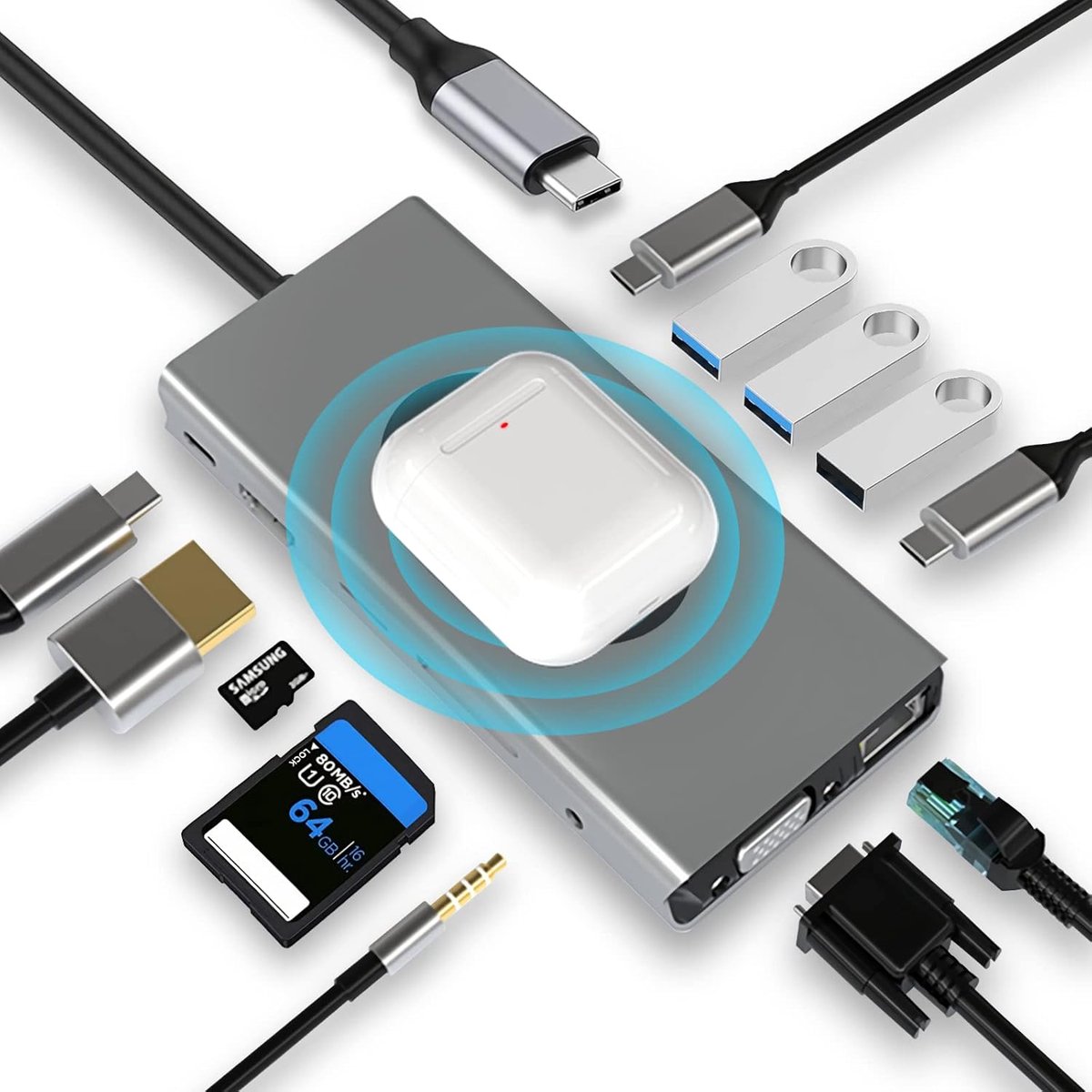 SnelShoppen - USB C HUB Dongle met Draadloos Opladen, 13-in-1 Docking Station Adapter voor MacBook Pro, 4K HDMI, VGA, 2×USB 3.0, USB C, RJ45 Ethernet,