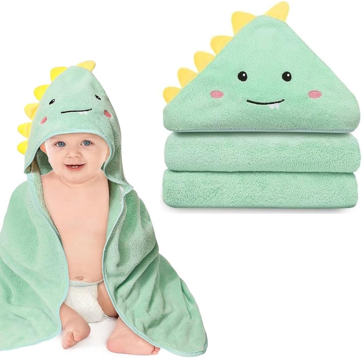 SnelShoppen - Capuchonhanddoek Baby Dinosaurus - Knuffelige Babyhanddoek met Capuchon - Badponcho en Knuffeldeken voor Baby's en Pasgeborenen - Zachte