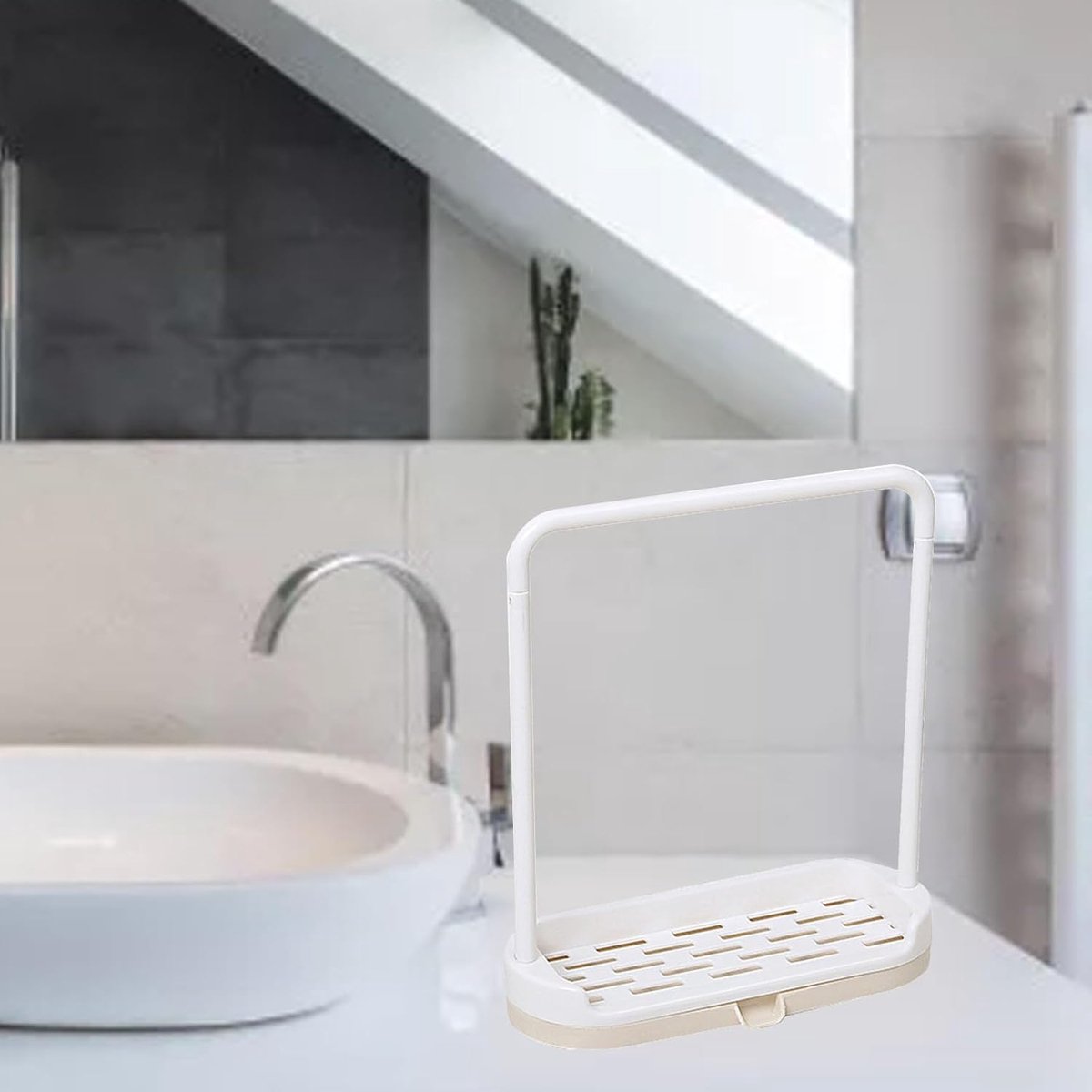 SnelShoppen - Keuken Sponshouder - Afwasdoekhouder - Organizer voor Aanrecht - Afvoergaatjes - Beige - Zonder Boren - Multifunctioneel - 2-in-1 Opberg