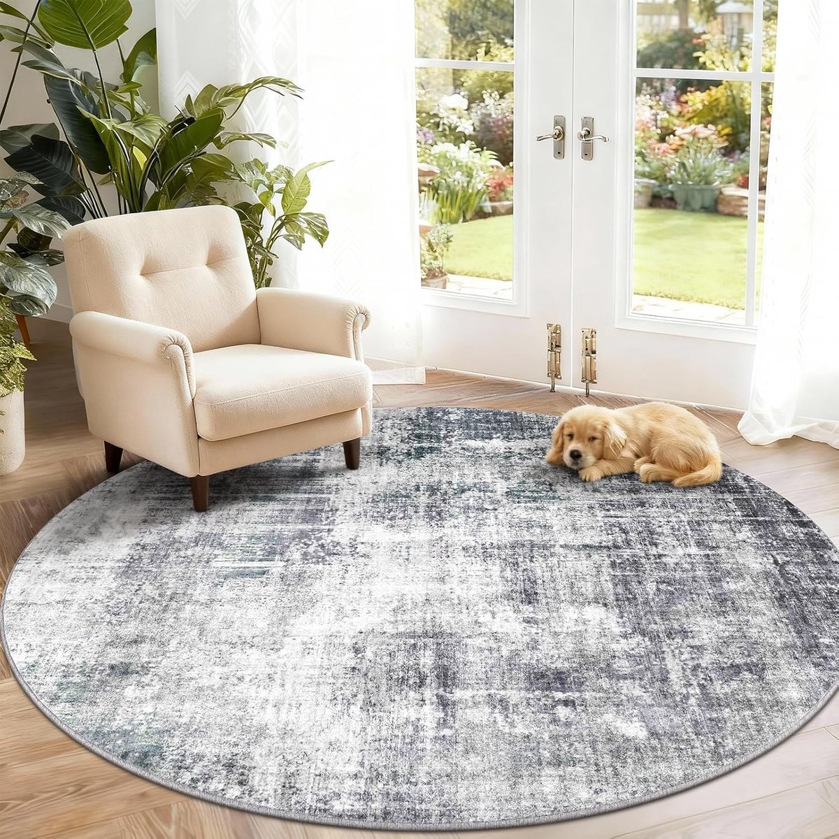SnelShoppen - Rond Vloerkleed 120 cm Modern Abstract - Zacht en Wasbaar - Antislip voor Woonkamer, Slaapkamer, Kinderkamer, Eetkamer, Kantoor - Beige-
