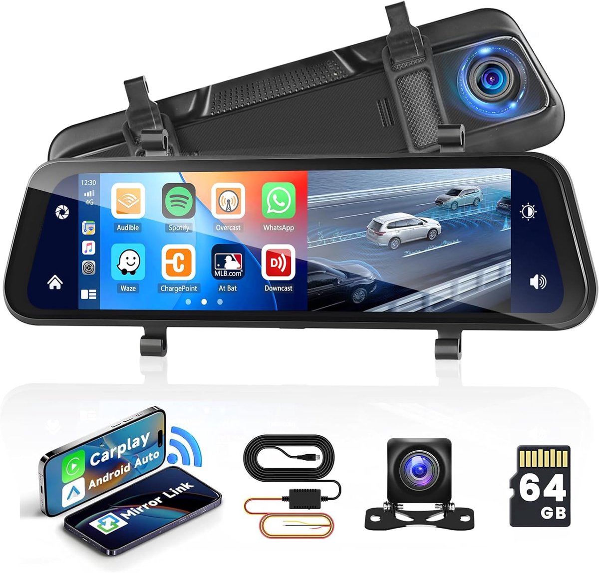 SnelShoppen - Dashcam Auto Spiegel 9.66'' met Achteruitrijcamera, Carplay Android Auto, Stembesturing, GPS, Nachtzicht, Loopopname, G-Sensor, Parkeerb