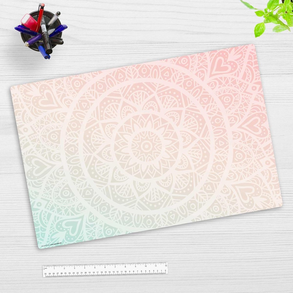 SnelShoppen - Desk Mat voor Kinderen en Volwassenen, Mandala Rood Groen, 60 x 40 cm, Premium Vinyl, Waterafstotend en Antislip Bureau Onderlegger voor
