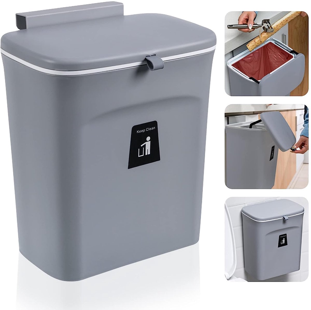 SnelShoppen - 9 Liter Hangende Compostemmer met Deksel - Afvalbak voor Keuken en Badkamer - Grijs - Ideaal voor Huishoudens, Kamperen en Feestjes
