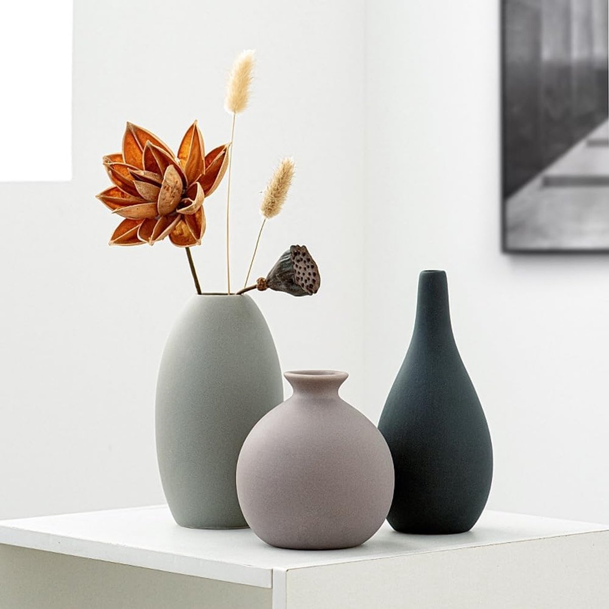 SnelShoppen - Set van 3 Keramische Vazen, Aesthetic Neutrale Boho Vazen, Scandinavische Decoratie, Moderne Landhuis Decoratie, Woonkamer, Plank, Moran