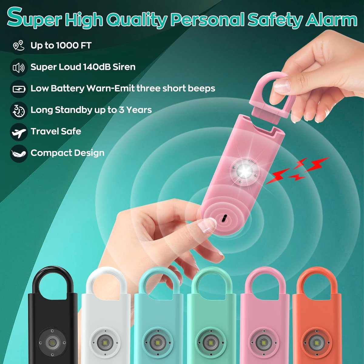 SnelShoppen - Persoonlijk Alarm voor Vrouwen 3 Stuks 140DB Zelfverdedigings Sleutelhanger Alarm met Laag Batterij Waarschuwing en Stroboscooplamp - Ve