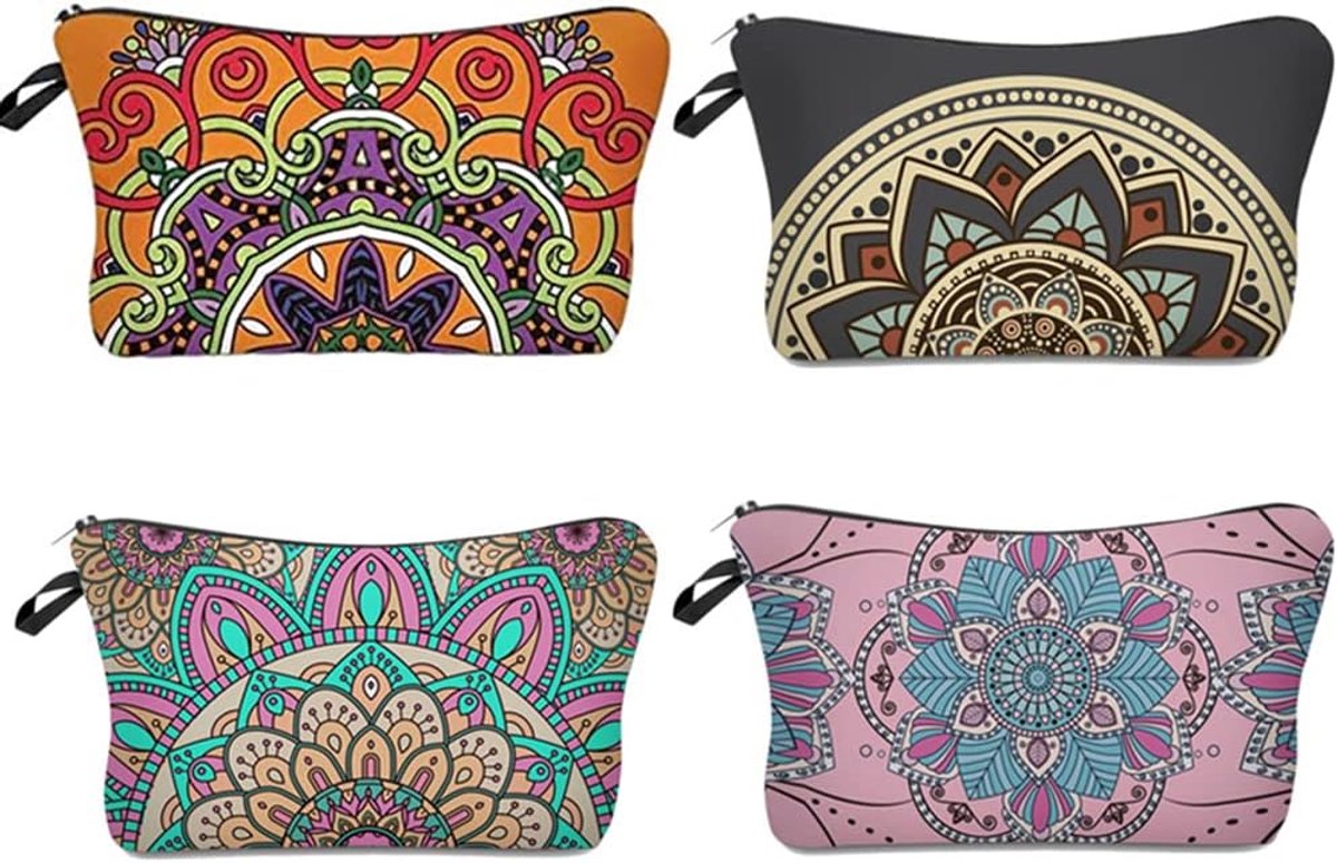 SnelShoppen - 4 Stuks Canvas Make-up Tassen Mandala Print Cosmetica Tassen Multifunctionele Canvas Reistas met Rits voor Reizen, DIY, School, Multikle