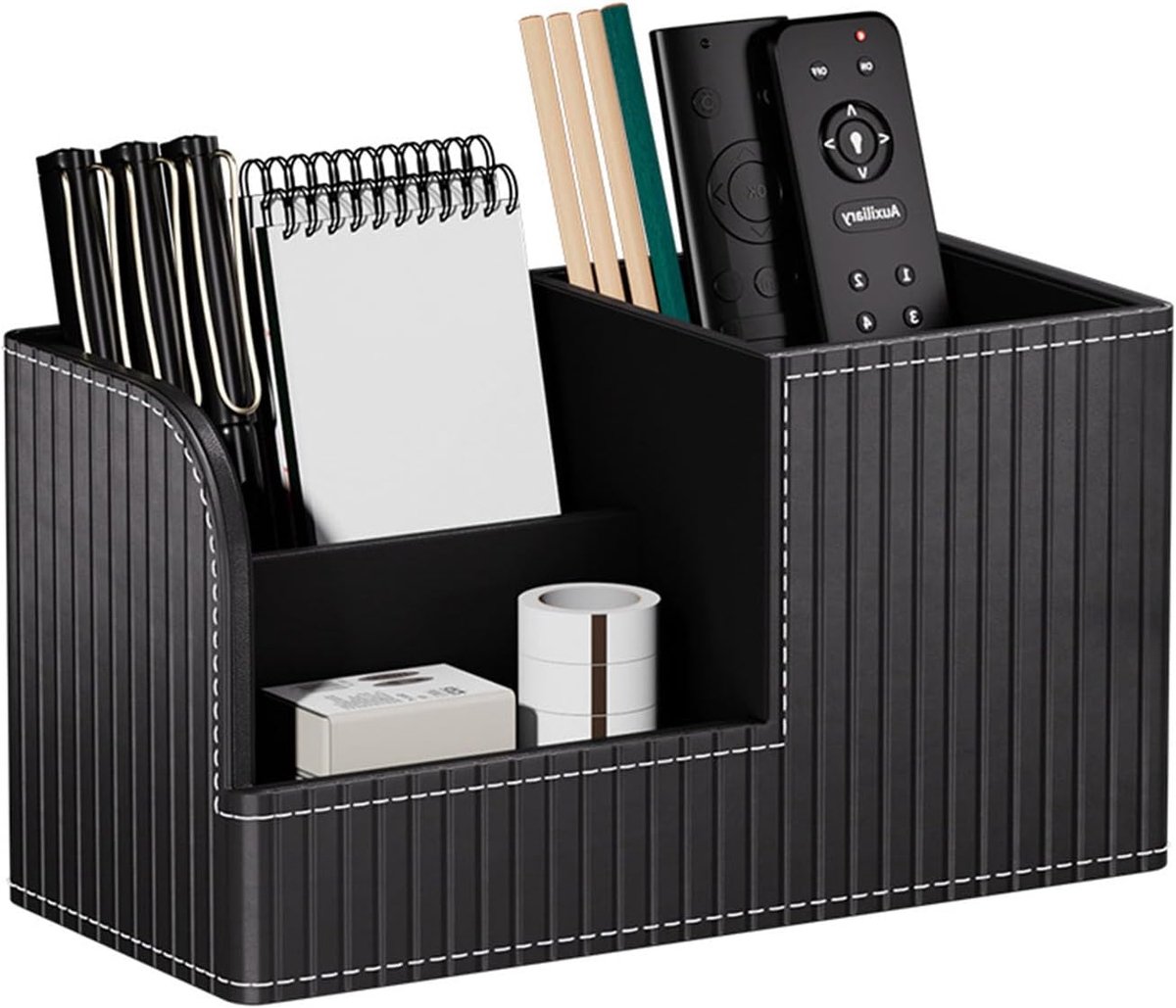 SnelShoppen - PU-lederen pennenorganizer, pennenhouder bureau-organizer met 3 vakken, luxe bureau-accessoires, esthetische tafelorganizer, zwart, idea