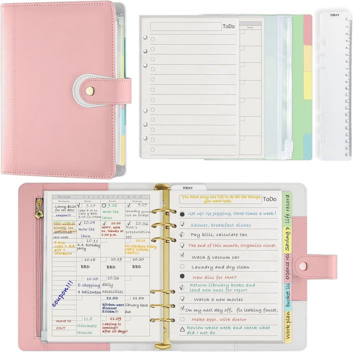 SnelShoppen - A5 Ringboek Nachfüllbaar Planner Organizer Folder - Refillable Personal Organiser met Accessoires - 6 Ringen Planner Mint Blauw - Inclus