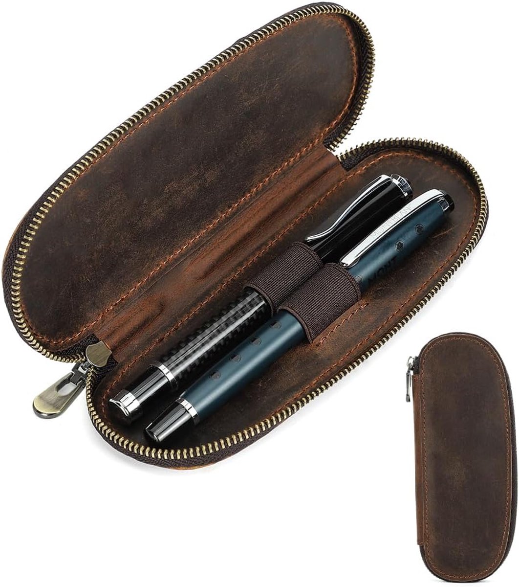 SnelShoppen - Handgemaakt Leren Pennenhouder - Vintage Pennen Etui - Duurzaam Leer - Elegante Bureau Accessoire - Pencils Organizer Box - Maat M - Per