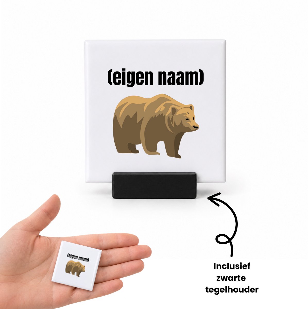 Hacebo grote beer met eigen naam tegeltje met tegelhouder - Beer - beren liefhebbers - tegeltjes met tekst - iemand die houdt van beren - verjaardag - cadeau - kado - spreuktegels - 4.8x4.8 CM Wit