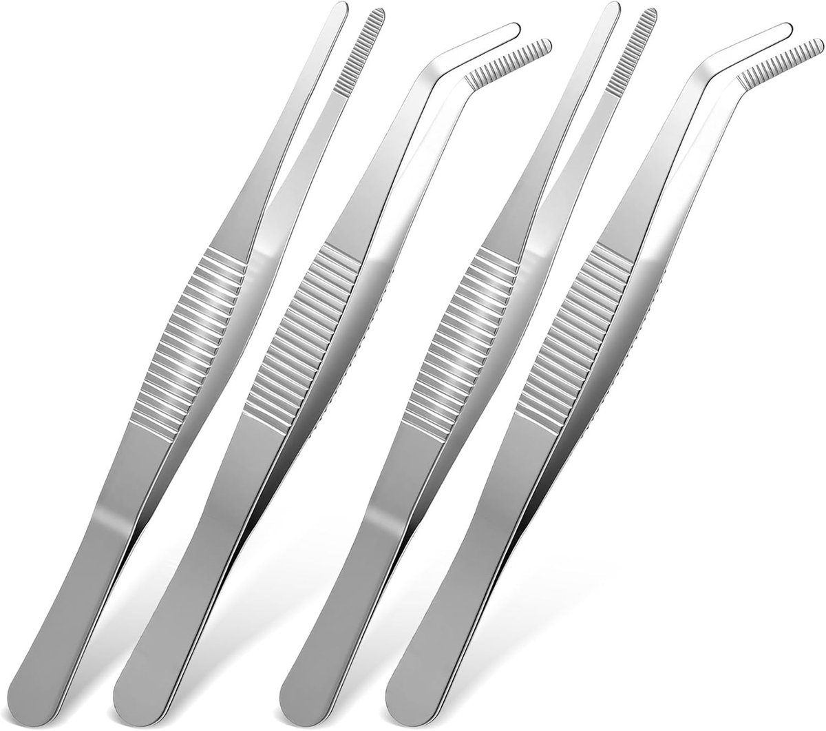 SnelShoppen - 4 Stuks Gebogen Pincetten RVS Blunt Tweezers Plat Tip Recht Gebogen Pincetten met Serrated Edge voor Elektronica Laboratorium Werk en Aq