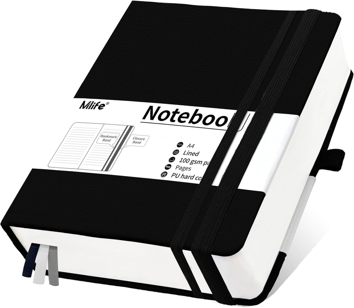 SnelShoppen - A4 Lined Notebook 360 Pagina's, College Ruled Notitieboek, 100GSM Dikte, PU Hard Cover, Dagboek voor Mannen en Vrouwen (Zwart)
