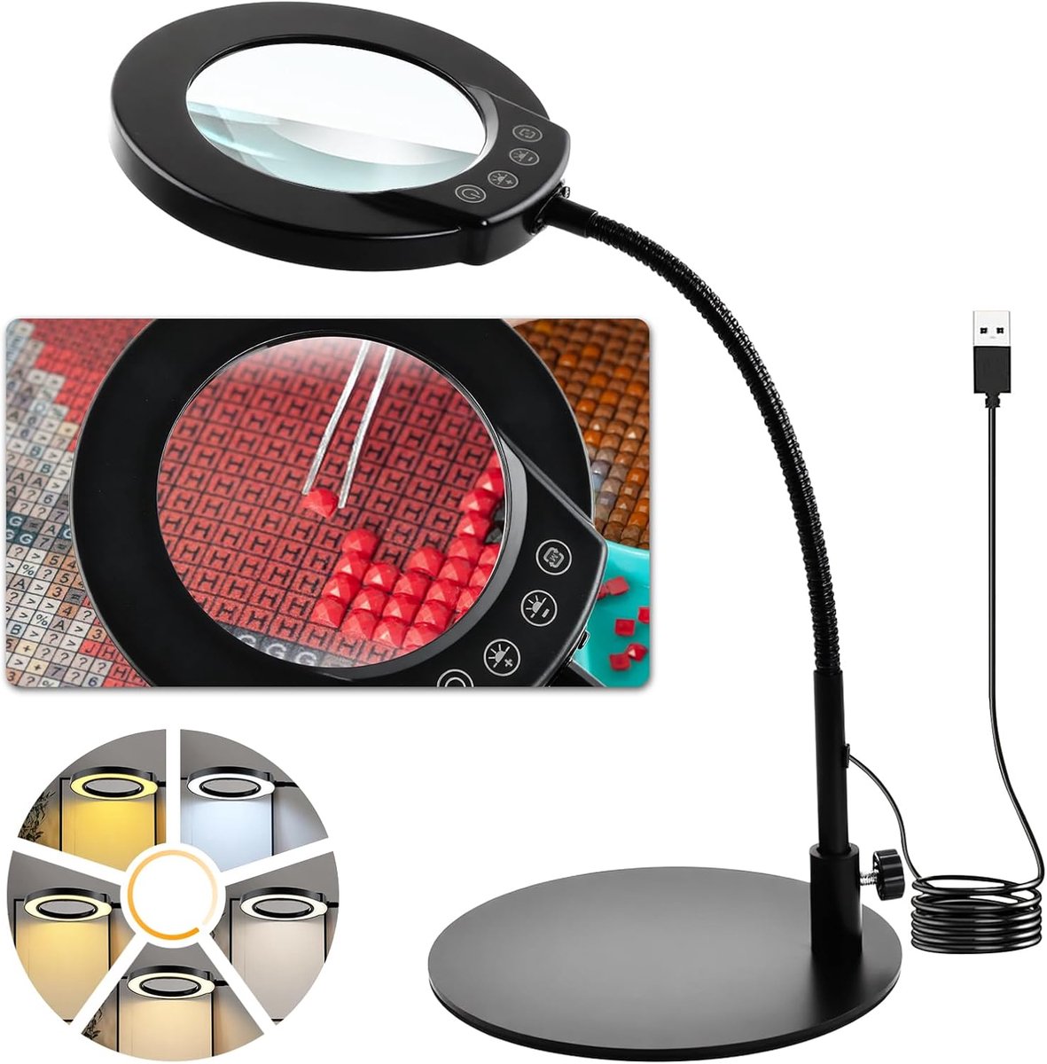 Thijox - 10x Vergrootglas met Licht en Houder - Verstelbare Vergrotingslamp voor Naaien, Reparaties, Lezen en Handwerk - 5 Kleurtemperaturen LED Burea