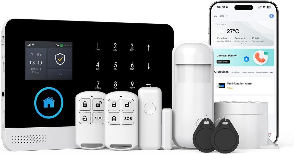 Thijox - PGST WIFI GSM Thuisalarmsysteem, Anti-Inbraakalarm voor Ramen en Deuren met Afstandsbediening, Tuya Smartlife APP, Veiligheidsalarm voor Camp