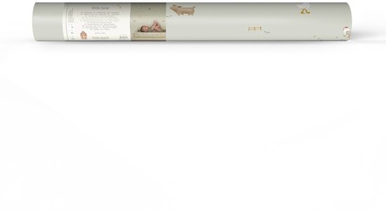 Rol behang met 'Little Farm' print: pastelgroen met boerderijdieren en een schaap.