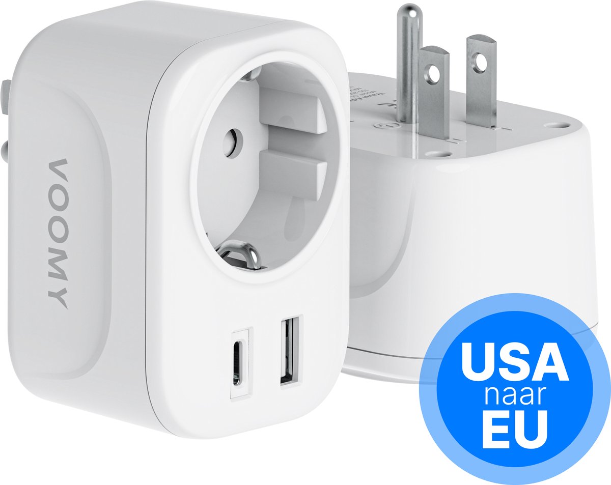 Bol.com Voomy Reisstekker Amerika/USA - Wereldstekker Type B - USB-C & USB-A - Wit aanbieding