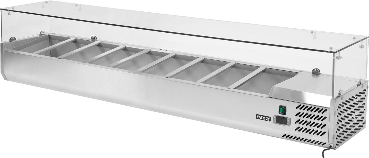 YATO Professionele Opbouw-Koelvitrine YG-05332 – RVS – 9x GN 1/3 – Glasopbouw – Statische Koeling – Temperatuurbereik +2°C tot +8°C – Breedte 200 cm