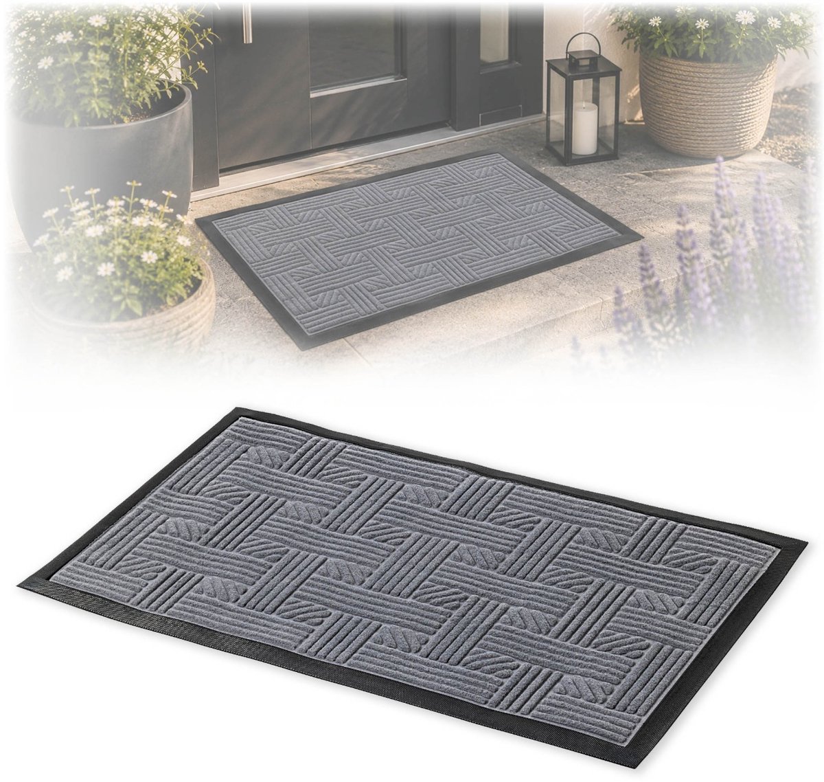 KADAX Deurmat, Entreemat van robuust polyester met rubberen zijde, duurzame vuilvangmat in 6 verschillende patronen naar keuze, deurmat, rechthoekig, 75 x 45 cm, grijs Zwart