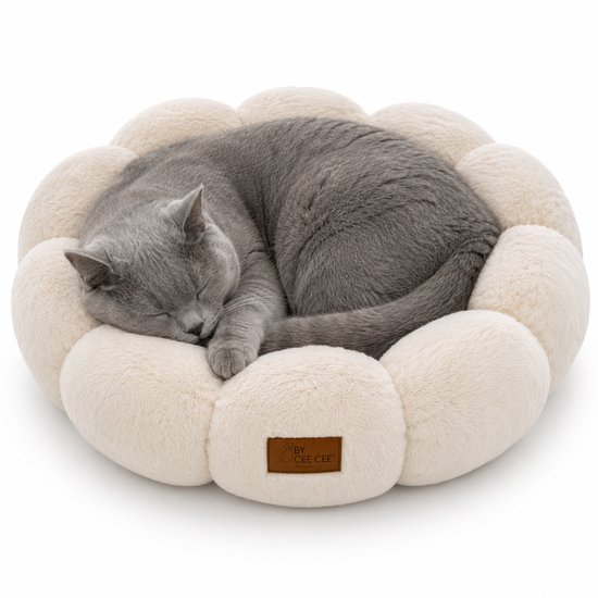 Chat gris British Shorthair dormant en boule dans un panier à chat crème et pelucheux en forme de fleur. Étiquette BY GEE CEE.