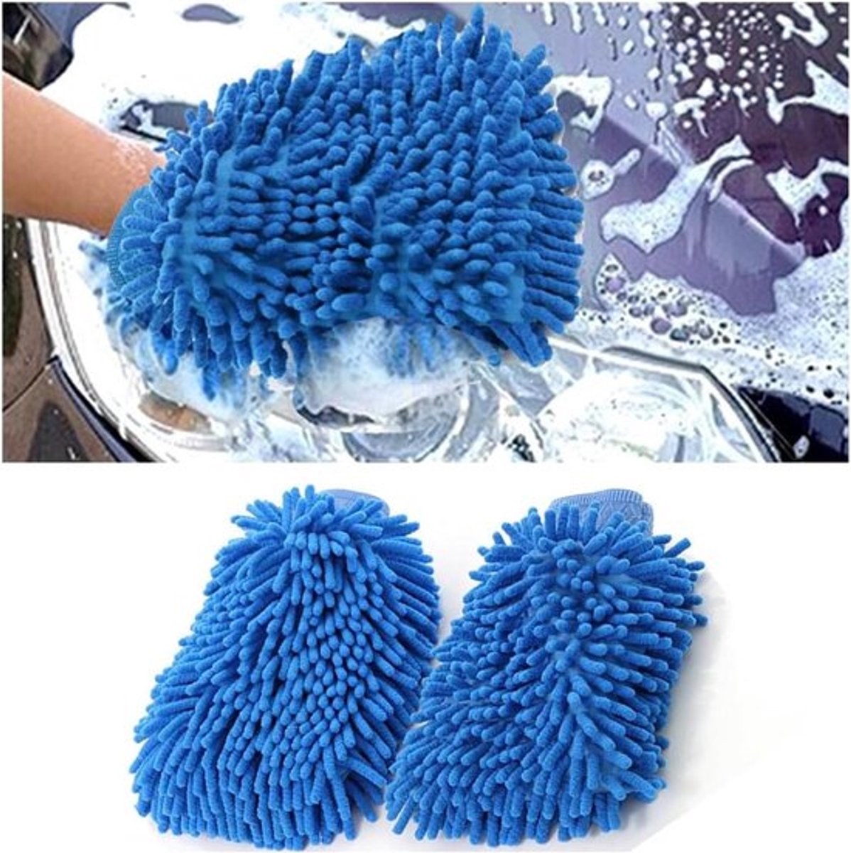 2-Pack Microfibre Car Wash Gloves Shaggy Wash Mitt for Professional Car Care - Scratch-free and Soft - Easily Removes Stubborn Dirt (Blue)