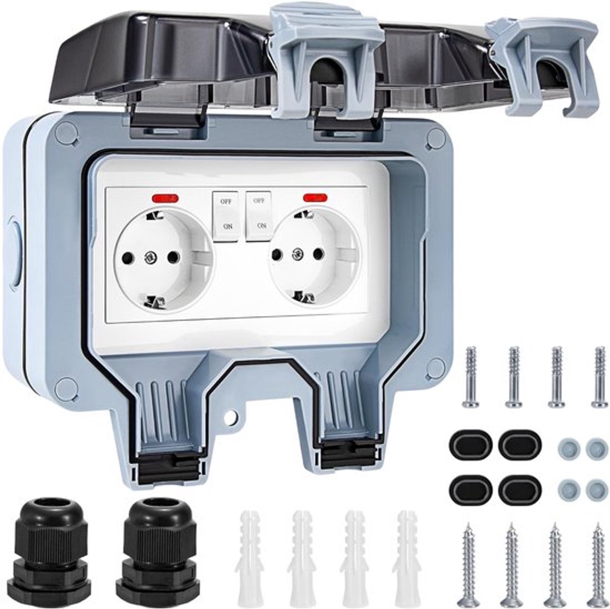 Buitenstopcontact - IP66 -Tuinstopcontact - Wandcontactdoos Opbouwcontactdoos met klapdeksel Buitenstopcontacten waterdicht -Weerbestendig 2 compartimenten