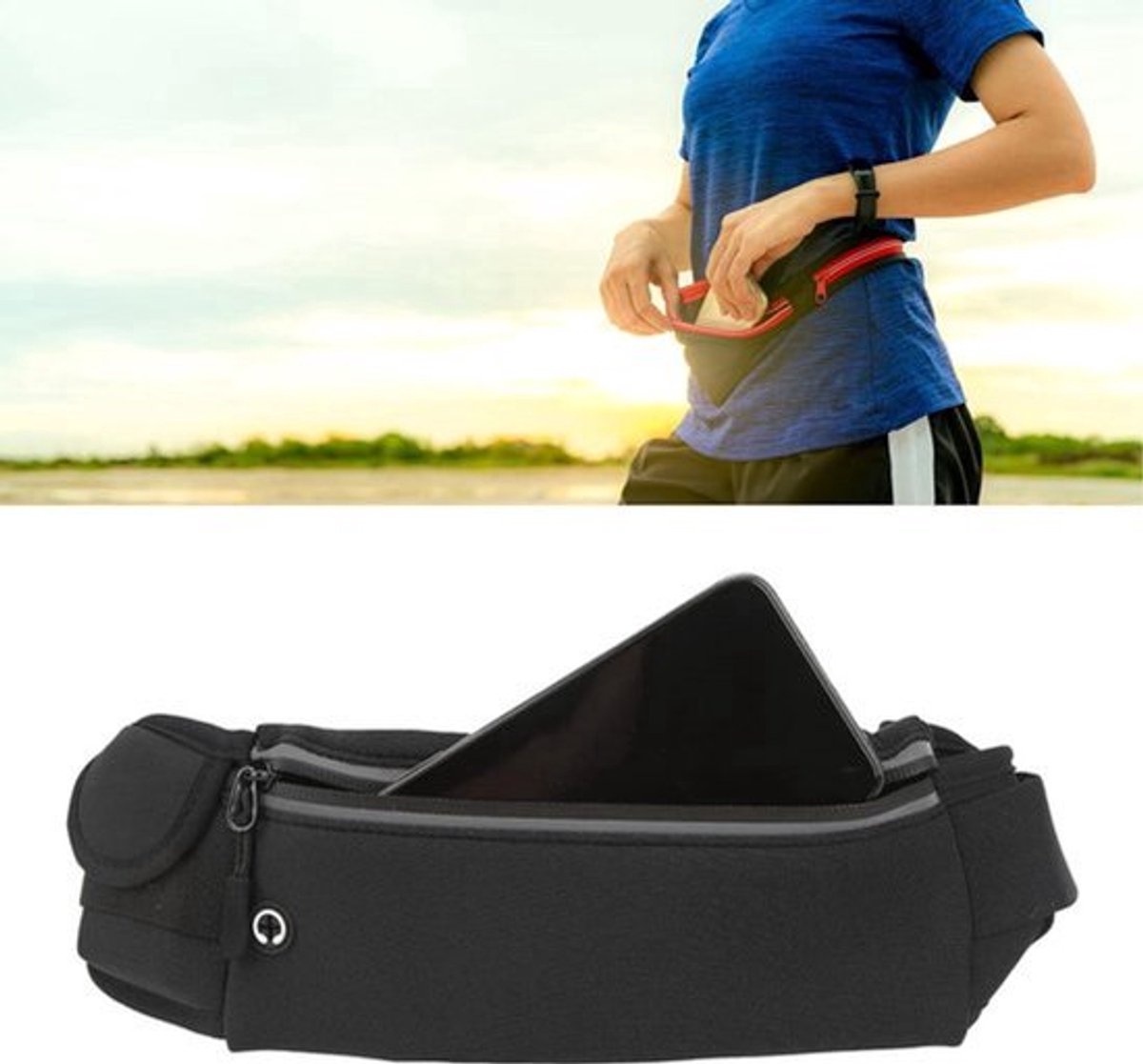 Pochete corrida ademend hardlooptasje met meerdere zakken Ultradunne neopreen reflectorontwerp om te wandelen (zwart) - Ideaal voor sportieve activiteiten