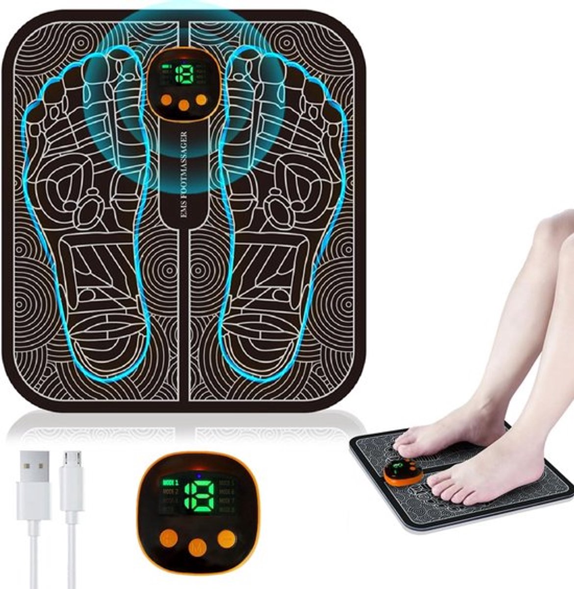 EMS-voetmassageapparaat, elektrisch voetmassageapparaat, opvouwbaar draagbaar elektrisch voetmassageapparaat, 8 standen en 19 intensiteitsniveaus.