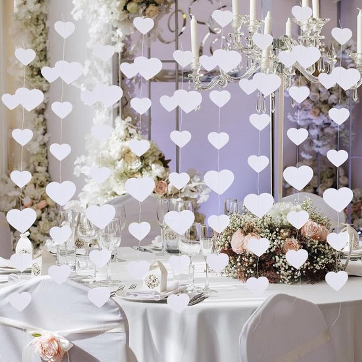 52Ft Witte Hartjes-slinger, Valentijnsdagdecoraties Trouwhangdecoratie Tinselslinger Banner voor Verjaardag Verjaardag Bruidsborrel Verloving Vrijgezellenfeest Galentines-dag