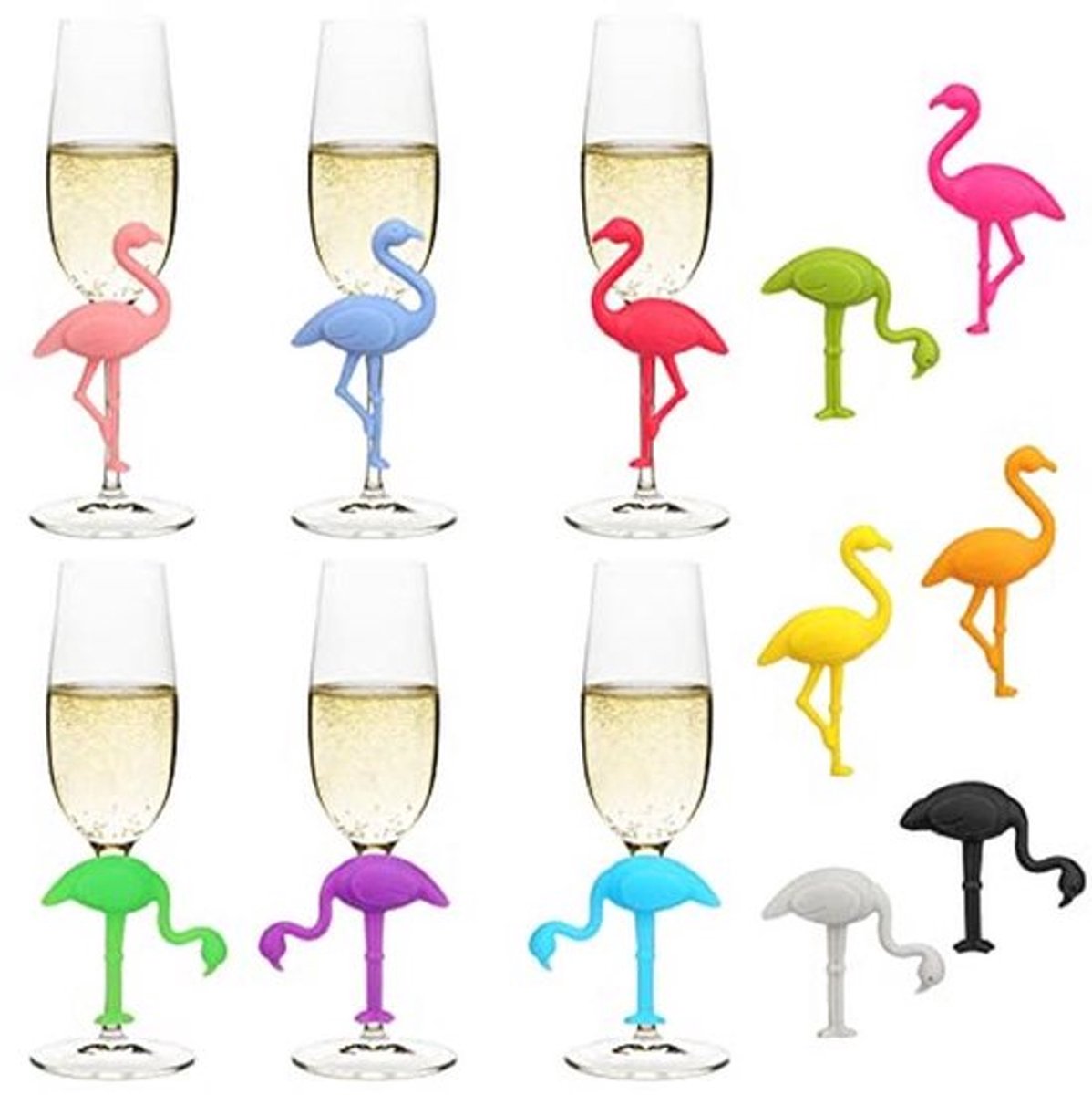 Siliconen Barbenodigdheden Glasmarkers - 12 kleuren Flamingo drankmarkeringen voor cocktails en wijn