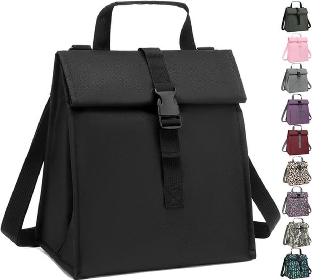 Geïsoleerde lunchtas voor mannen/vrouwen/kinderen, herbruikbare lunchbox met oprolbare bovenkant en verstelbare schouderband, thermische lunchkoeler voor volwassenen/tieners, schoolwerk, kantoor, picknick, zwart