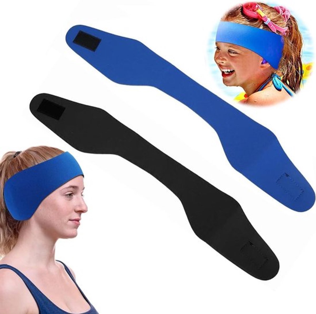 Elastische neopreen haarbanden voor volwassenen, 2 stuks zwemhoofdbanden met oorbescherming, ideaal voor zwemmen en sportactiviteiten (blauw + zwart, M)