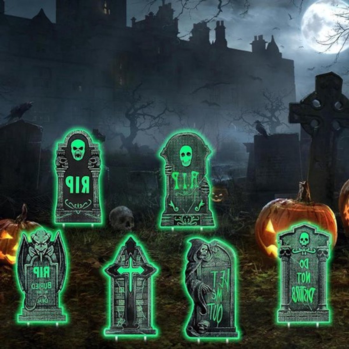 Griezelige Halloween grafsteendecoratie voor buiten - begraafplaatsdecoratie met grafsteenfiguren.