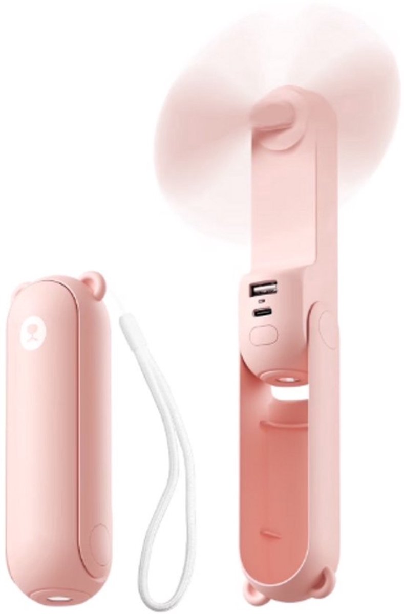 Draagbare miniventilator, oplaadbare handventilator, 19 uur batterijduur, met zaklamp- en powerbankfunctie, 3-in-1 opvouwbare zakventilator, roze.