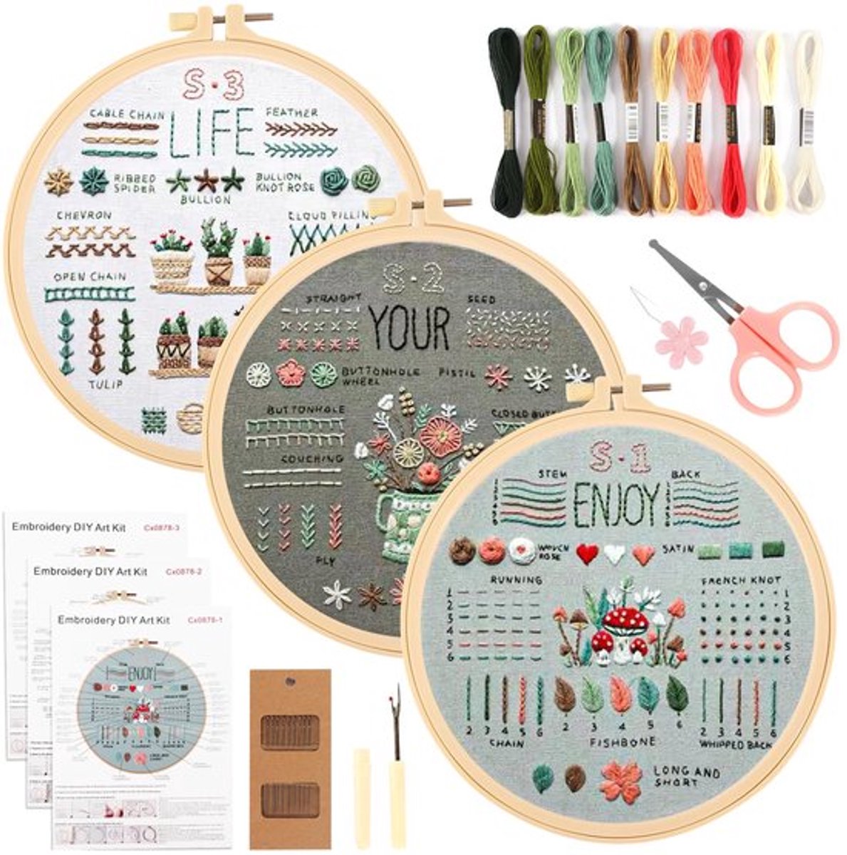 Borduurset voor volwassenen voor beginners, Bloemmotief, Planten, Borduurset, kruissteekset, Inclusief gestempeld bloemmotief, Bamboe, Bandjes, Kleurdraden, Gereedschap, Handleiding