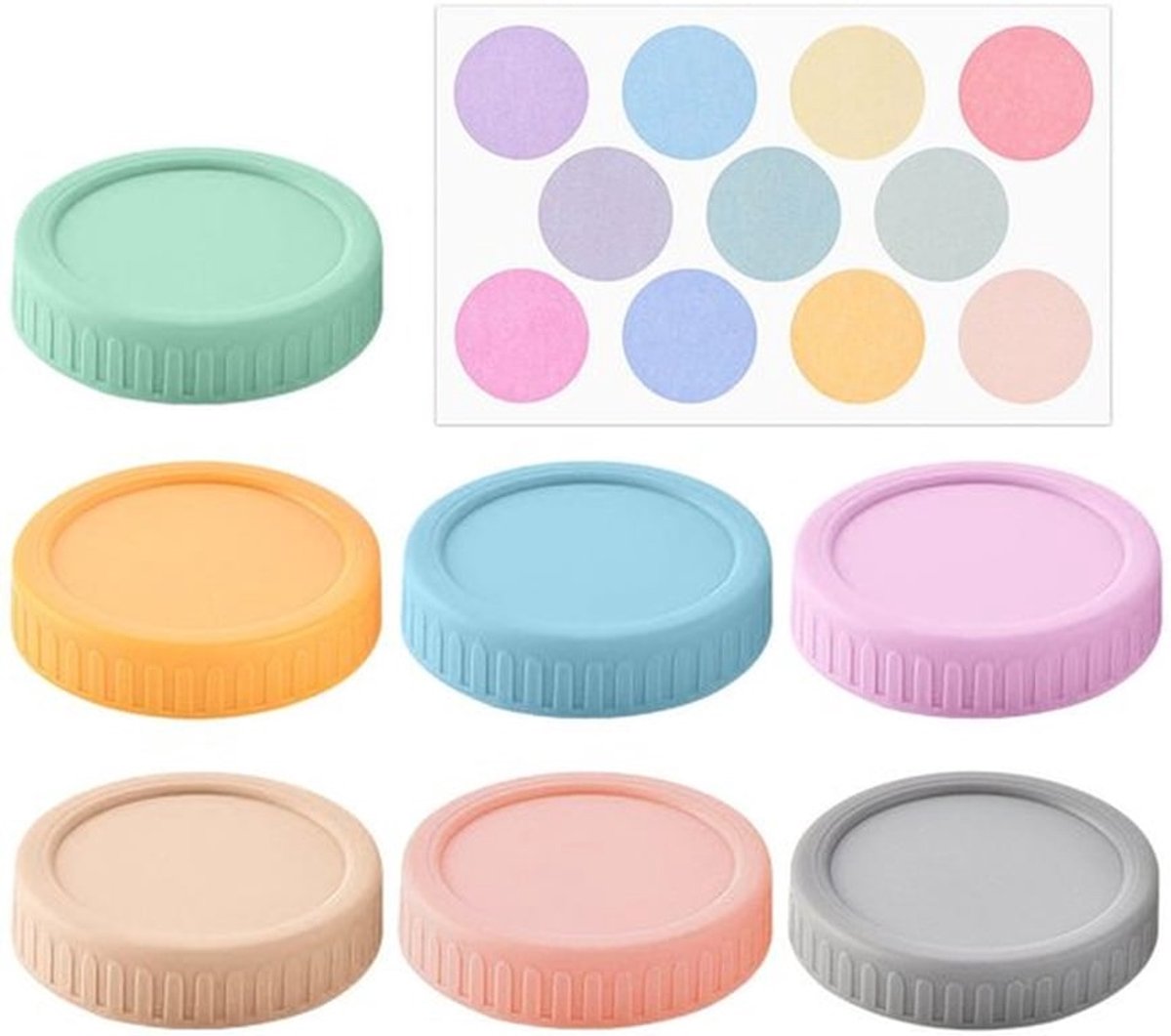 7 stuks plastic deksel, 1 stuk ronde label sticker, multifunctionele drinkdeksel, duurzame herbruikbare en creatieve deksel.