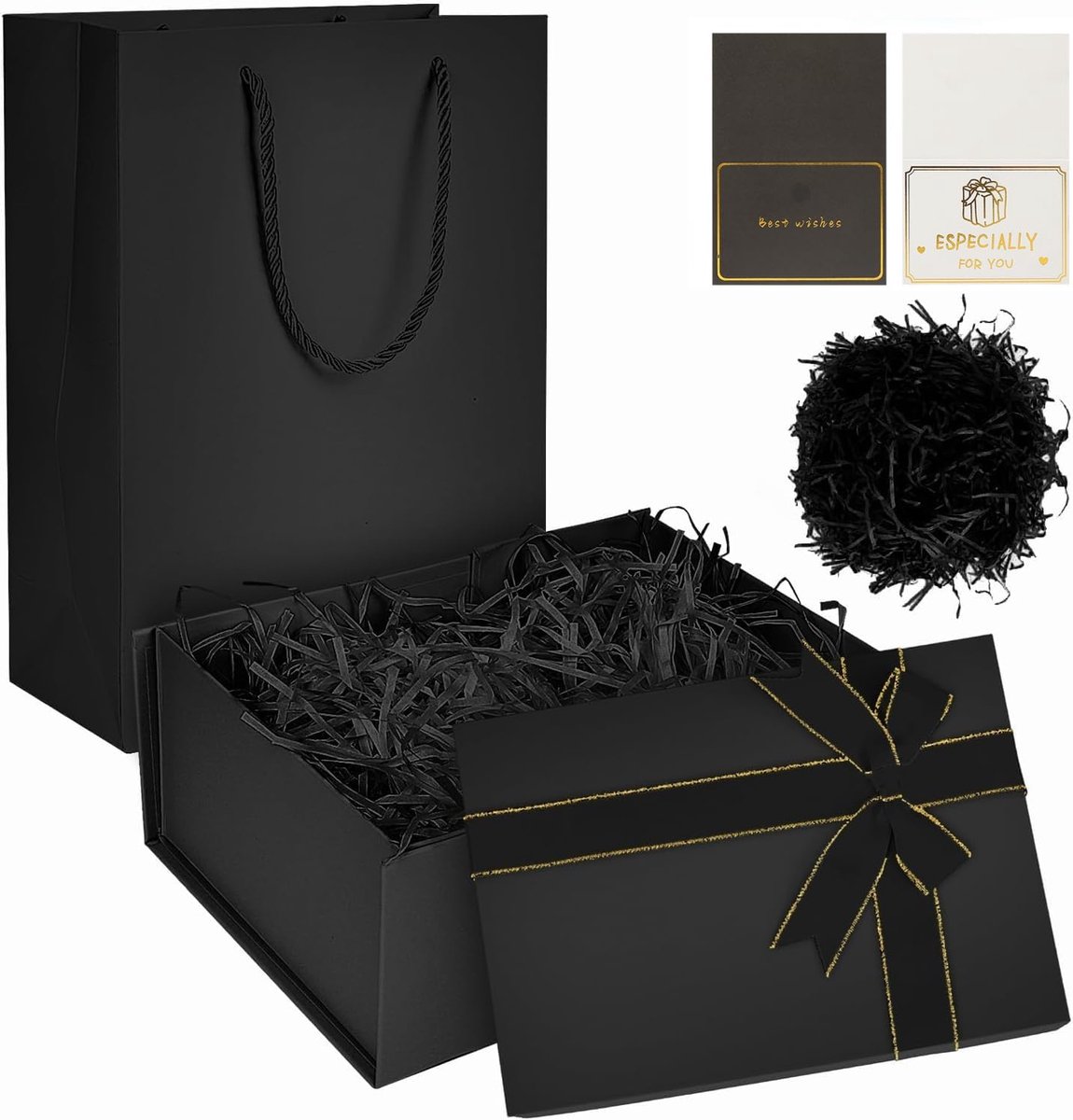 SnelShoppen - Luxe Cadeau Set met Zwarte Cadeau Doos 22.5x16x8.5cm, Vouwbare Gift Box met Strik, Cadeauzak, Groene Kaart, Inpakmateriaal voor Verjaard