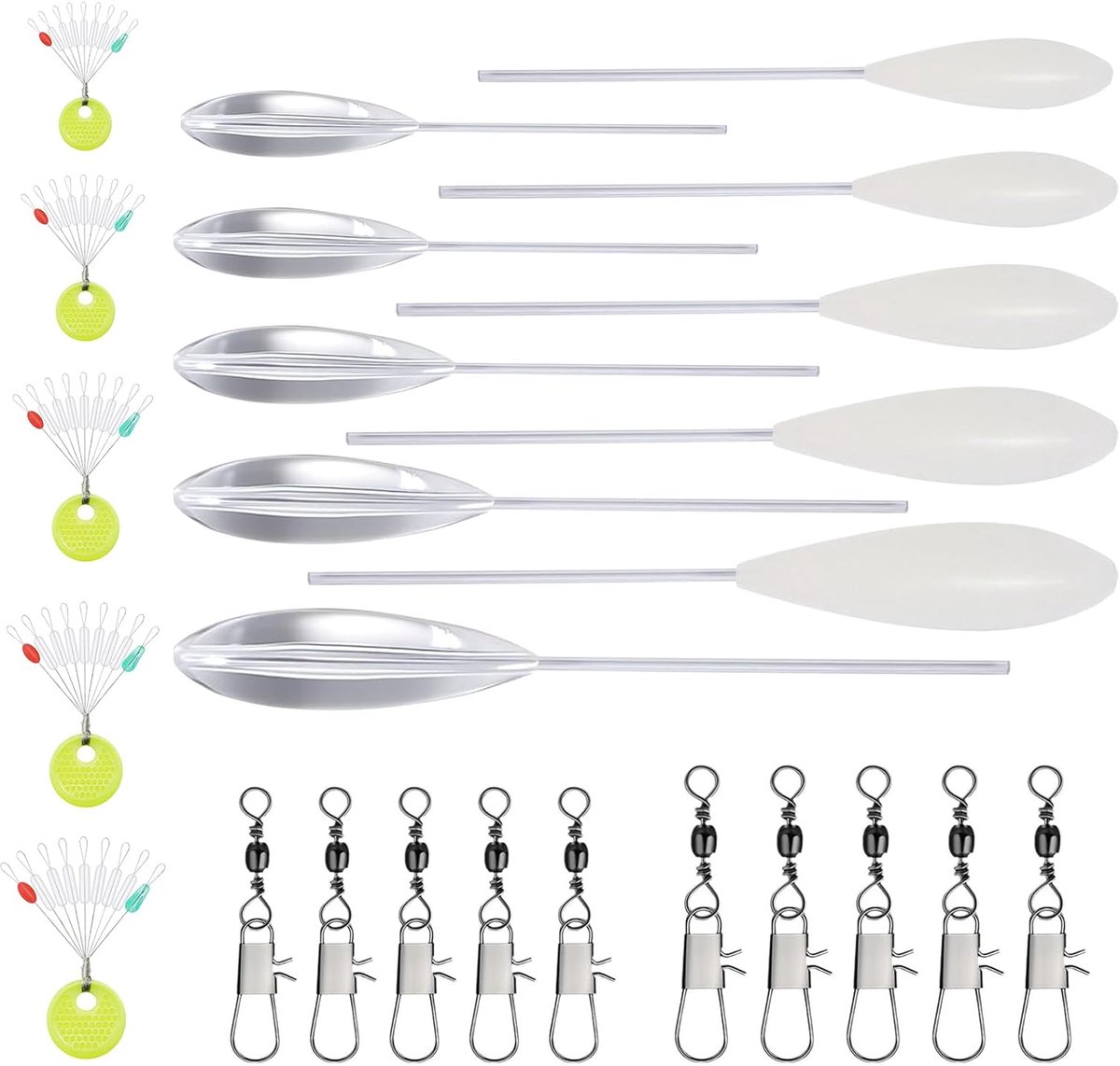 SnelShoppen - Sbirolino Set voor Trout Fishing - 25 Stuks - 5 Sinking & 5 Floating Spirolino 6g 8g 10g 15g 20g - Inclusief 10 Rubber Stoppers & 5 Vert