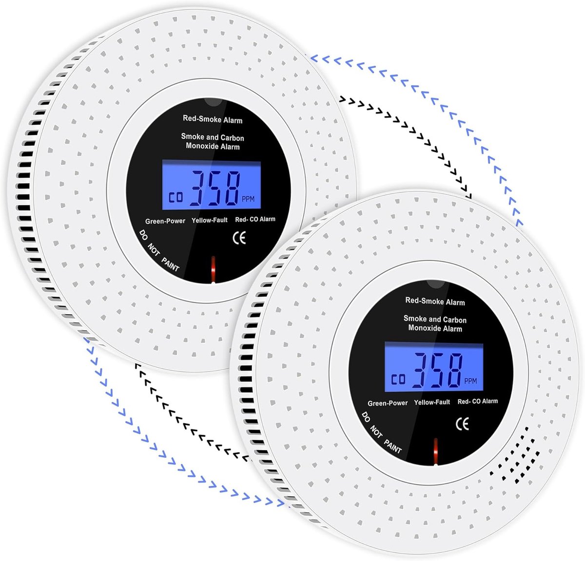 SnelShoppen - Draadloze Interconnected Rook- en Koolmonoxide Detector Set van 2 - Voorzien van Vervangbare AA Batterij en LCD Display - Veiligheid voo