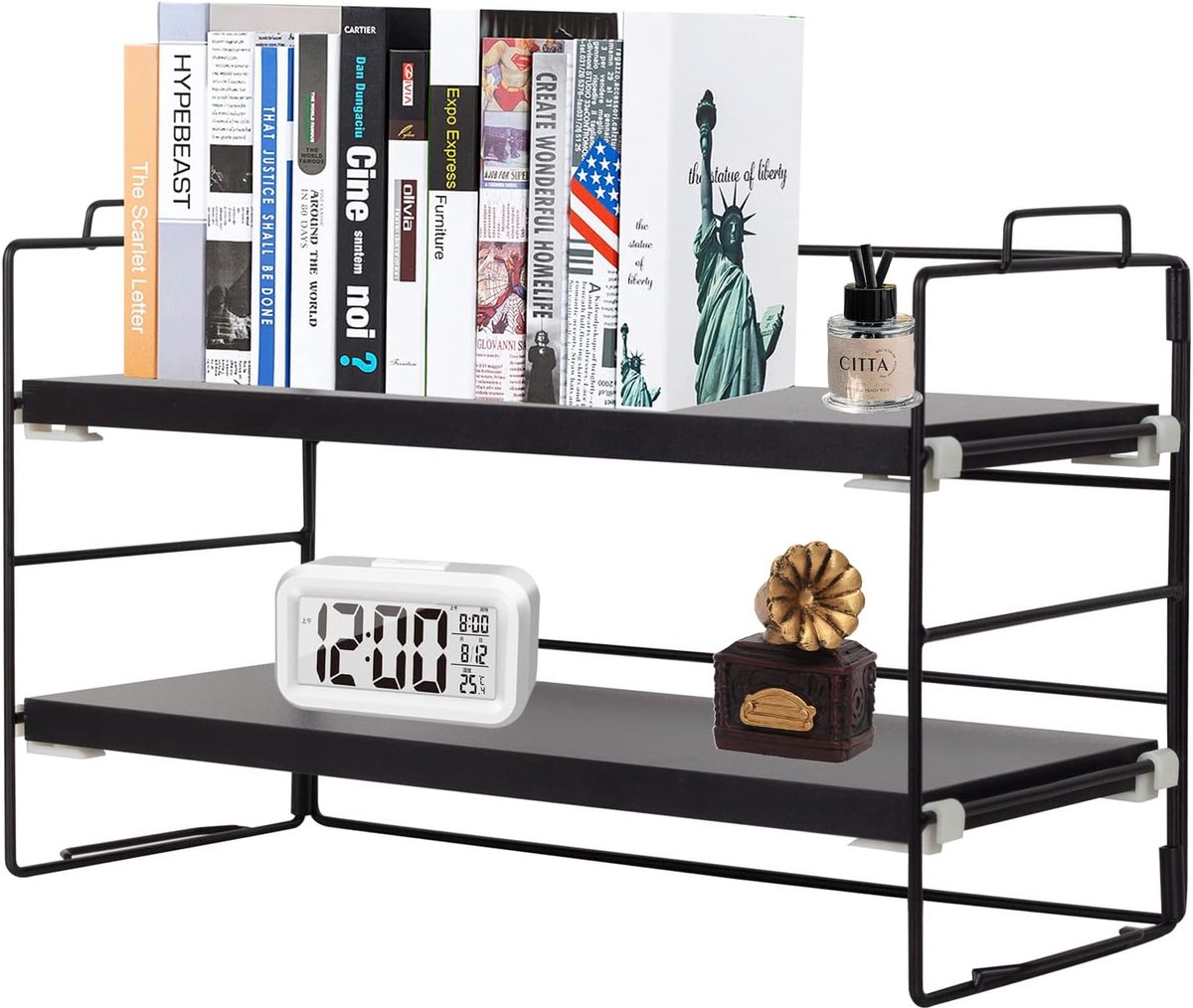 SnelShoppen - Desk Shelf Organizer 2 Laags Zwart Geverfd Metaal met Teakhouten Planken, Multifunctionele Boekenkast voor Bureau, Kantoor en Leesruimte