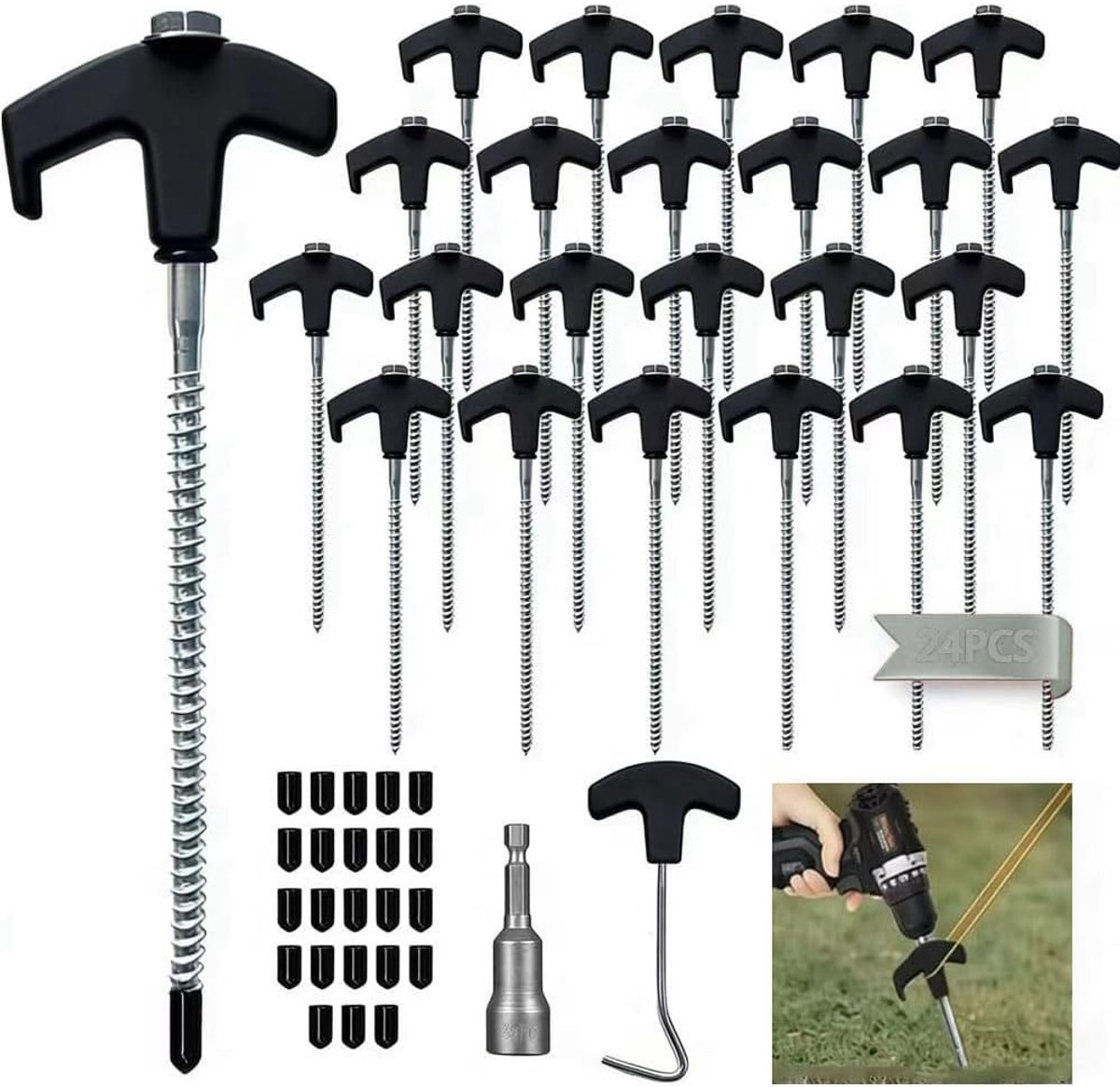 SnelShoppen - Pack van 24 Rotatable Tent Pegs voor Camping - Schroefbare Tentpinnen voor Gras, Harde Bodems en Grind - 20 cm met Bit en Hamer