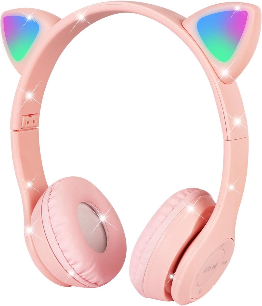 SnelShoppen - Bluetooth Kinder Headphones met LED Kattenoren, Draadloos/Wired, HD Stereo Geluid, Vouwbaar voor PC, Telefoon, iPad, School, Studie, Rei