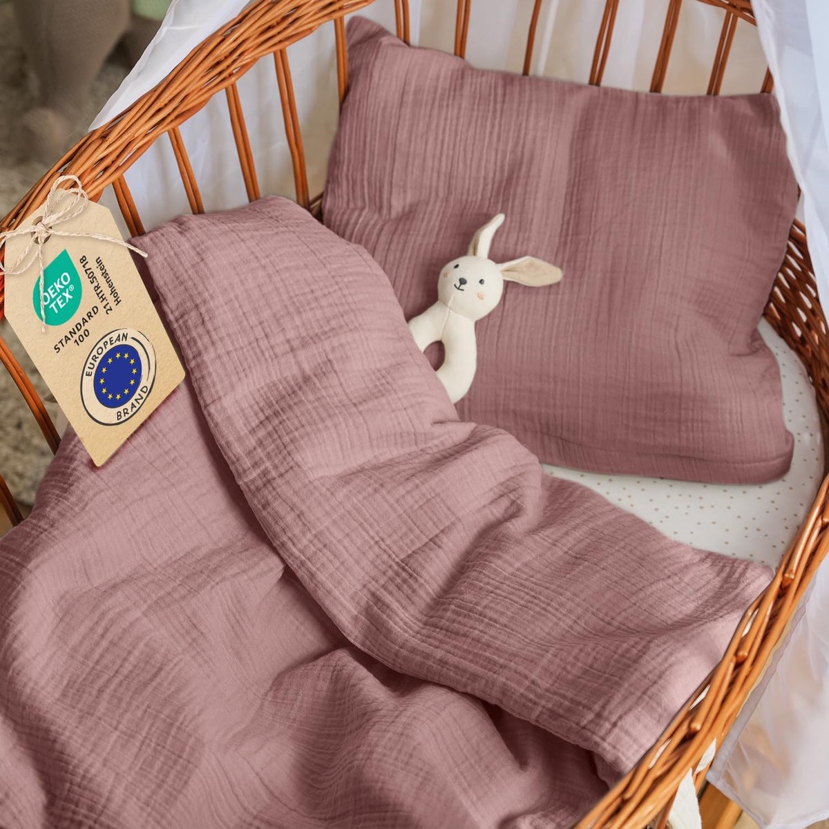 SnelShoppen - Laleni Wiegdekbedovertrek 80x80 cm met Kussensloop 35x40 cm - OEKO-TEX Gecertificeerd Katoen - Ademend Beddengoed voor Baby's - Mauve Kl